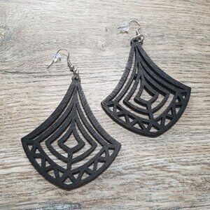 Women Black Wooden Drop Earrings Boho Bali Beach Core Laser Cut Dangle Gift